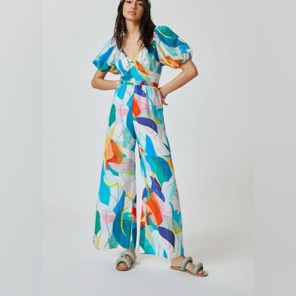 Anthropologie X Ranna Gill tie back watercolor puff sleeve jumpsuit